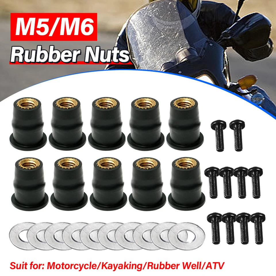 10/30ks M5 M6 Motocyklové skóre čelných skrutiek skrutky Metrický gumový gumový studňový orech pre Honda Suzuki Yamaha Kawasaki
