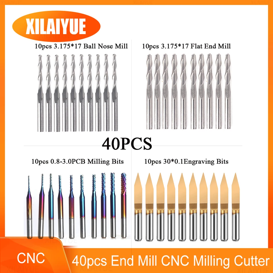 10/40ks 3,175 mm trusné koncové mlyny gravírovanie bity sada CNC router bity guľový nos koncového mlyna PCB frézka Cutter Cutter Mlyning Toolling