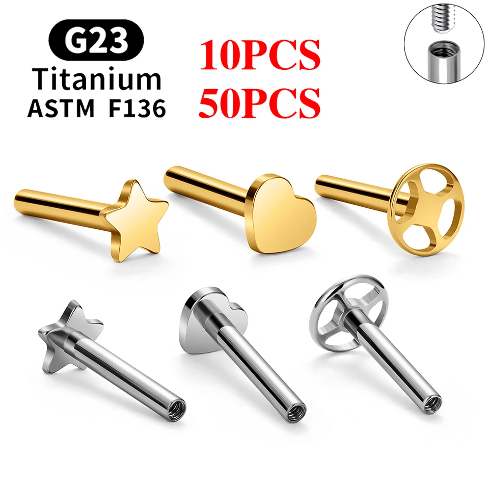 10/50ks G23 Titánový piercing Stud Stud Rod Interne závit Base Star Srdce 16G Ear Lip Tragus Tragus Doplnky šperkov