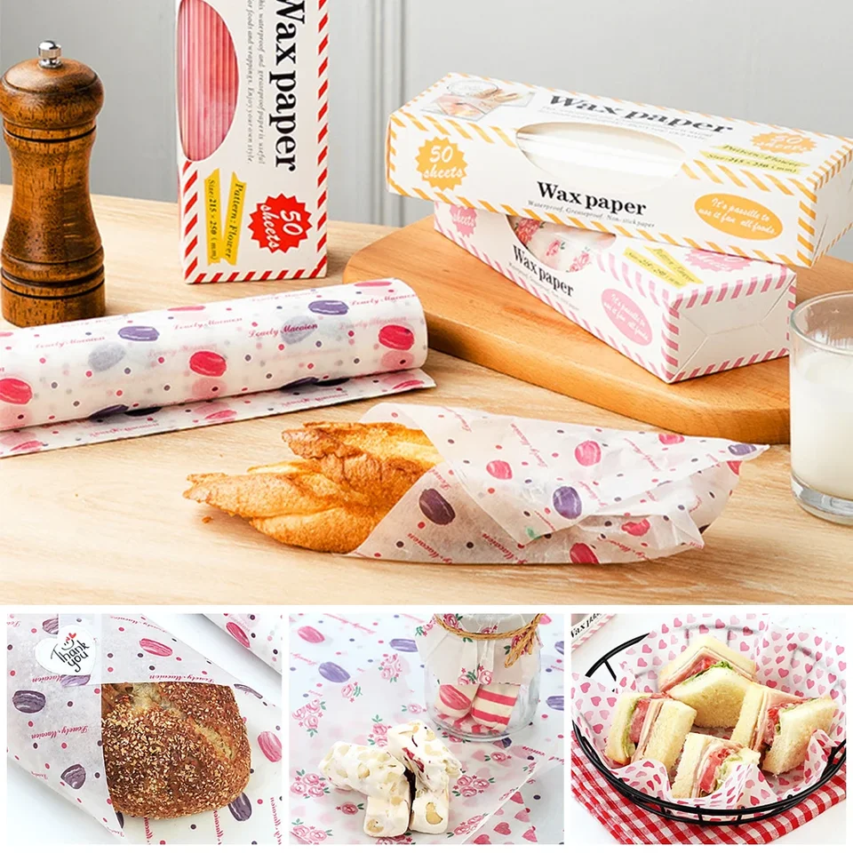 10/50ks voskový papier Potravinové mazivo papierové papierové obalové obaly olejové pekávanie papiera pre chlieb Candy Cake Burger Nougat Fries Oil Paper