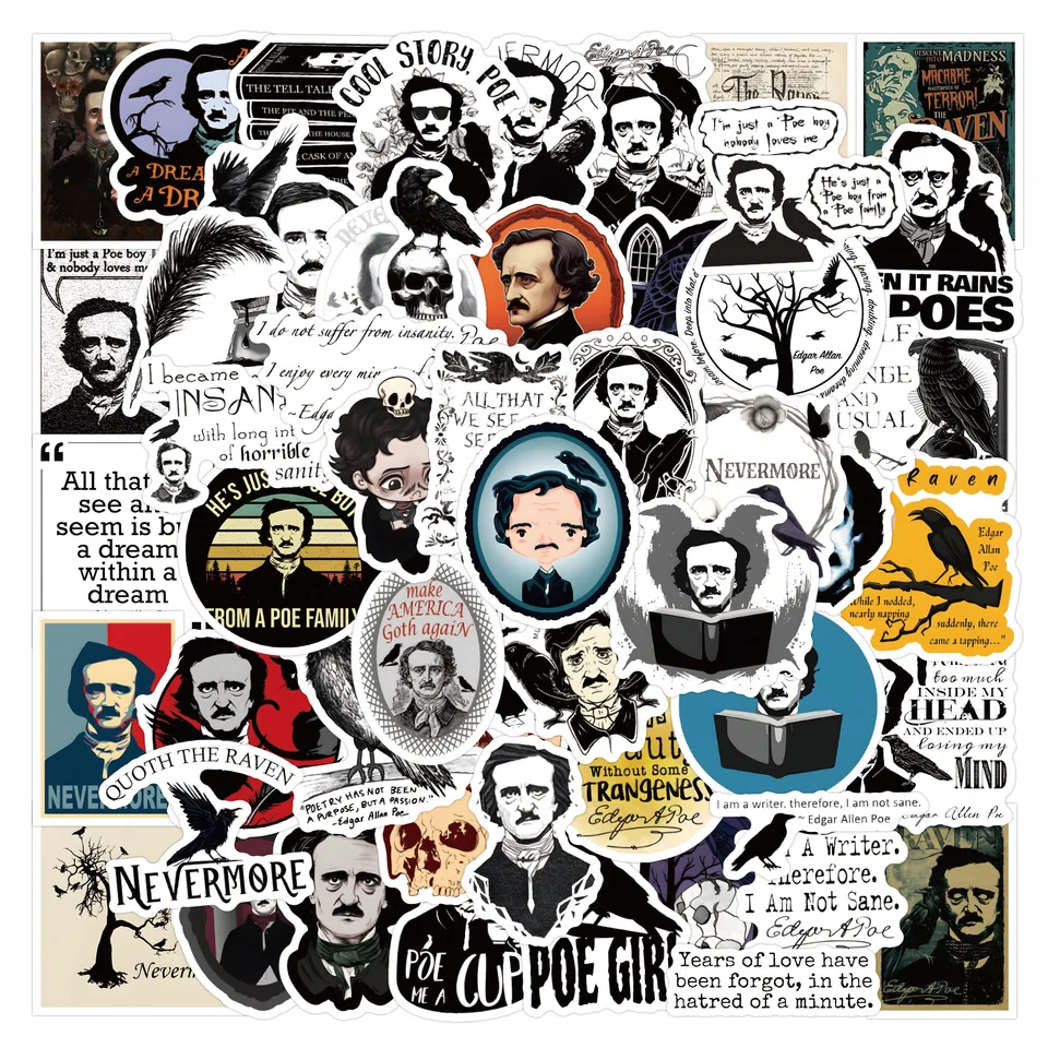 10/60ks Edgar Allan Poe Stickers DIY Color Watercolor Guitar Album Telefónny notebook Cup Ozdobné nálepky nálepky na hračky