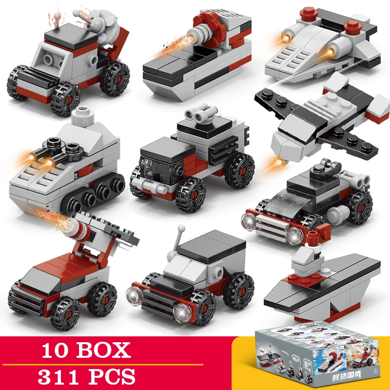 10 boxov automobilových blokov policajné automobily Hasičské vozidlá bloky tankového lietadla Engineering Car Bricks Toy Boy Darček