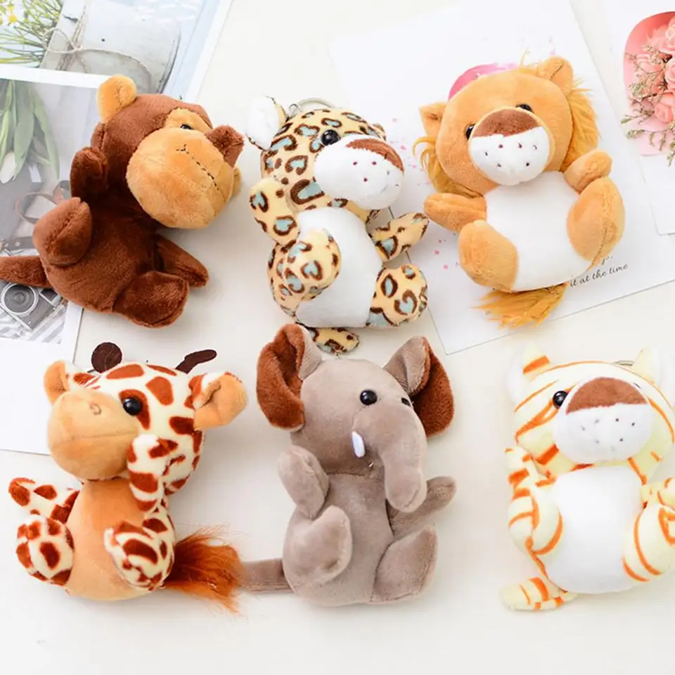 10 cm plnené leva Tiger Elephant Monkey Leopard Giraffe Raccoon Doll Keychain Zvieratá plyšové kľúče hračky pre deti darček
