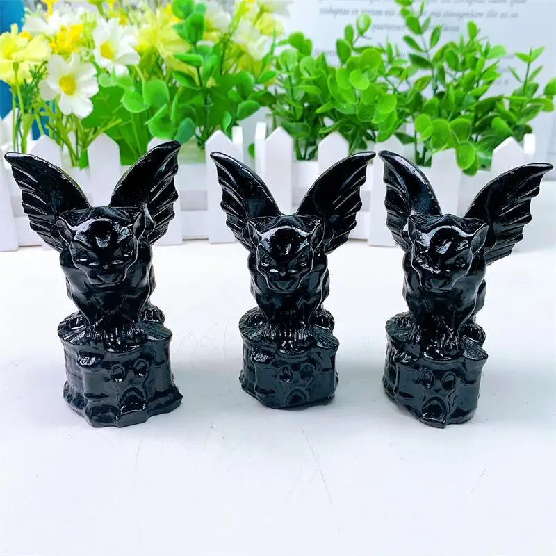 10 cm Prírodný čierny obsidian gargoyle ručne vyrezávaný leštený kremeň Socha liečivé drahokamy remeslá pre domáce dekorácie 1ks