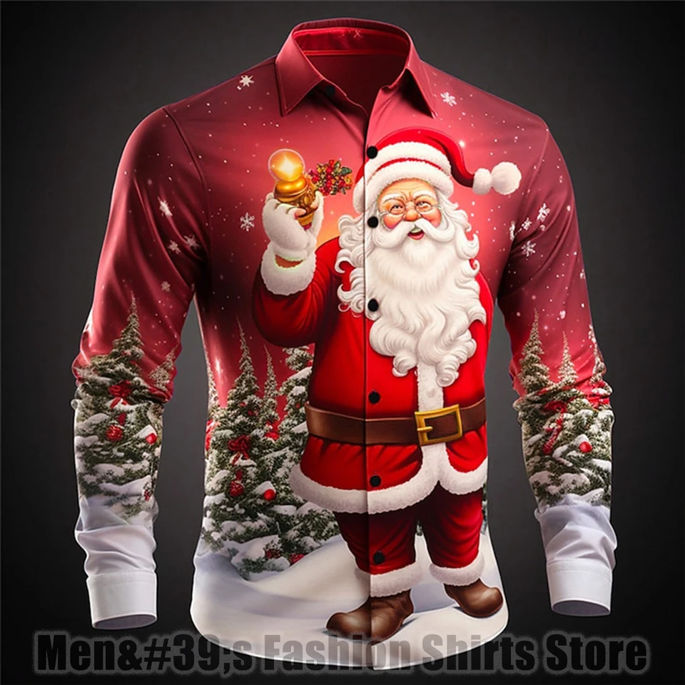 10 Color Santa Claus Casual Pánska košeľa vonkajšia ulica Jeseň a zimná klopová košeľa s dlhým rukávom vysokokvalitné veľké veľkosti XS-6XL