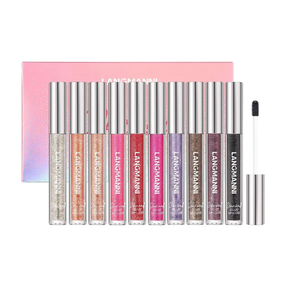 10 farieb Diamond Glitter Lesk Sada, dlhotrvajúca vysoko lesklá lesklá tekutá rúžová súprava, hydratačný, zvlhčujúci lesk na pery