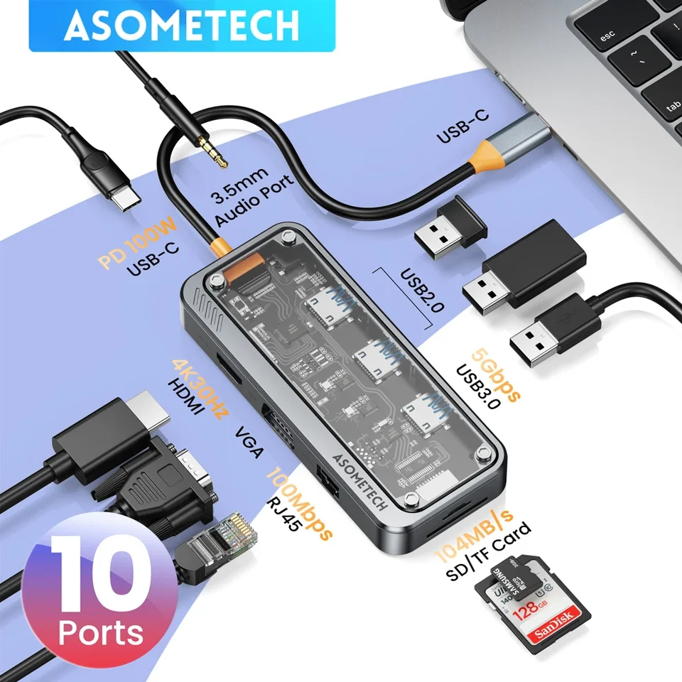10 in 1 Dokkaová stanica typu C Usb C Hub 4K 30Hz HDMI Kompatibilný RJ45 PD100W USB 3.0 Adaptér pre počítač MacBook iPad Steam Deck PC