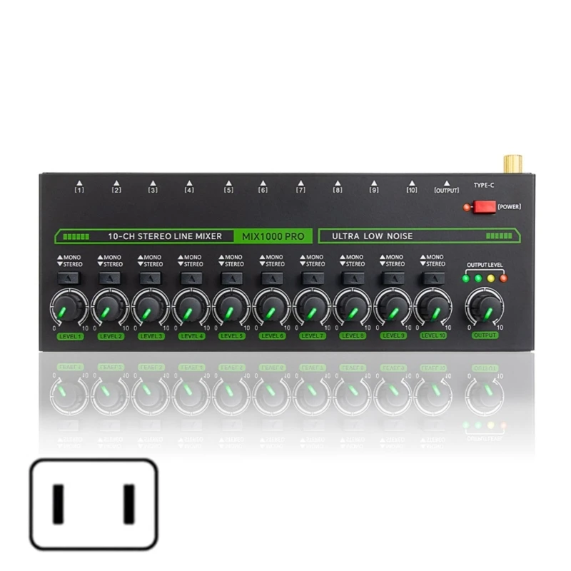 10 -kanálový mixér Sound Mixer Stereo Line Mixér 6,35 mm Vstup pre mikrofóny