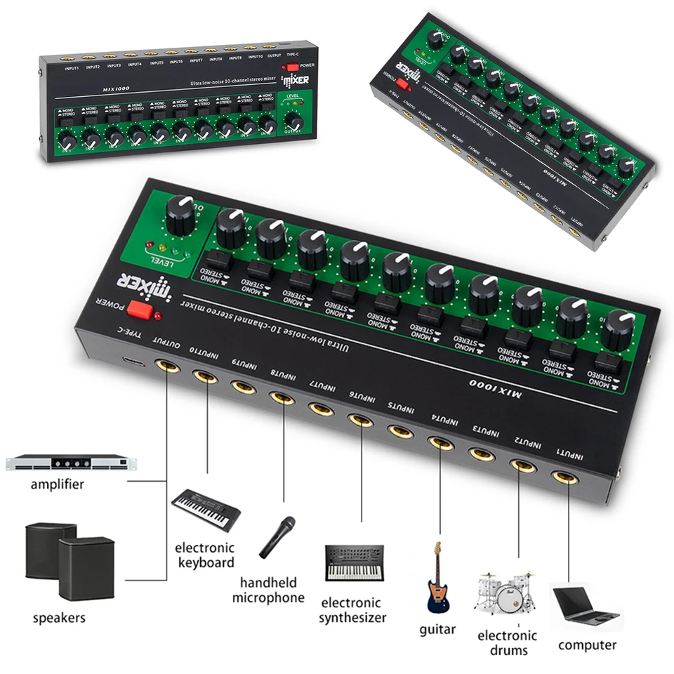 10 -kanálový zvukový mixér USB 5V Power Stereo Audio Mixer Stage Mixer Extension pre mikrofóny gitary basová klávesnica