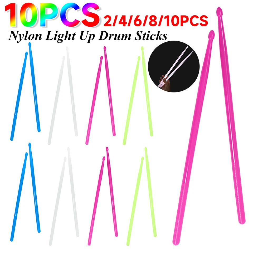 10 ks 5A Luminous Drum Stick Light Up Drum Sticks Nylon Fluorescence Drumsticks Stage Performance Performance Performance pre darčeky bubeníka