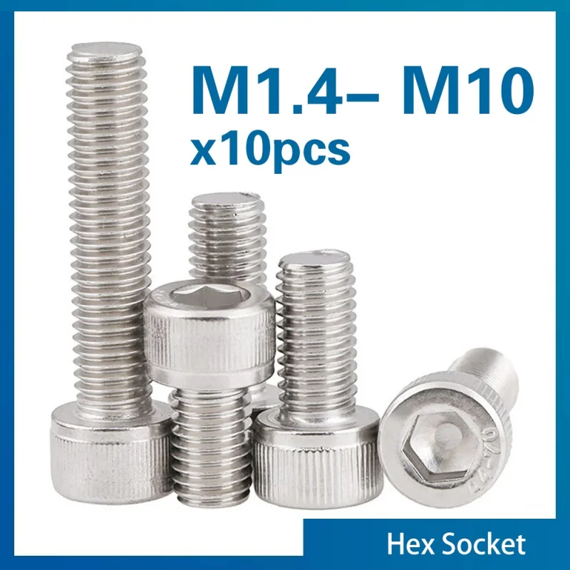 10 ks hexagon hex hex soketová čiapka hlava skrutka M1.4 M1,6 m2 m2.5 m3 m4 m5 m8 m8 m10 z nehrdzavejúcej ocele Allen Bolt Din912