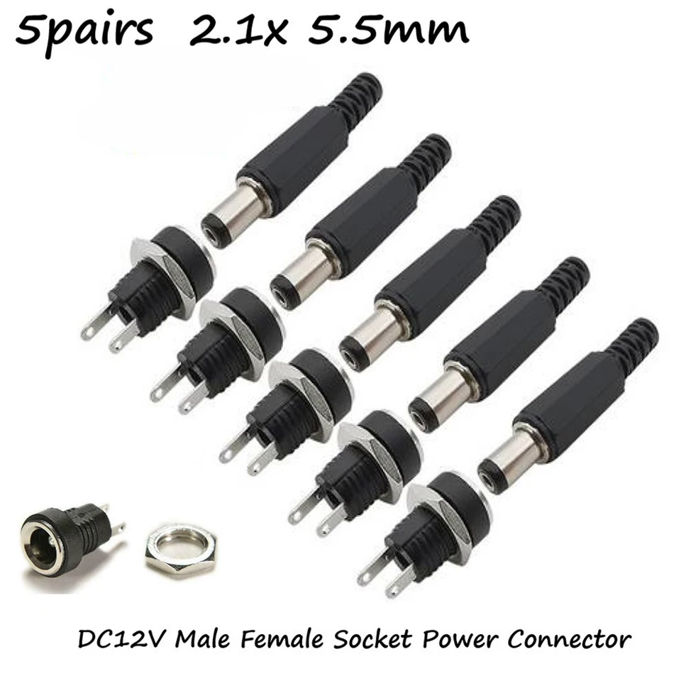 10 kusov DC 12V Konektor Power zástrčka mužské samičie konektory svedok matica Montáž DC napájací adaptér konektor 5.5x2.1x9mm