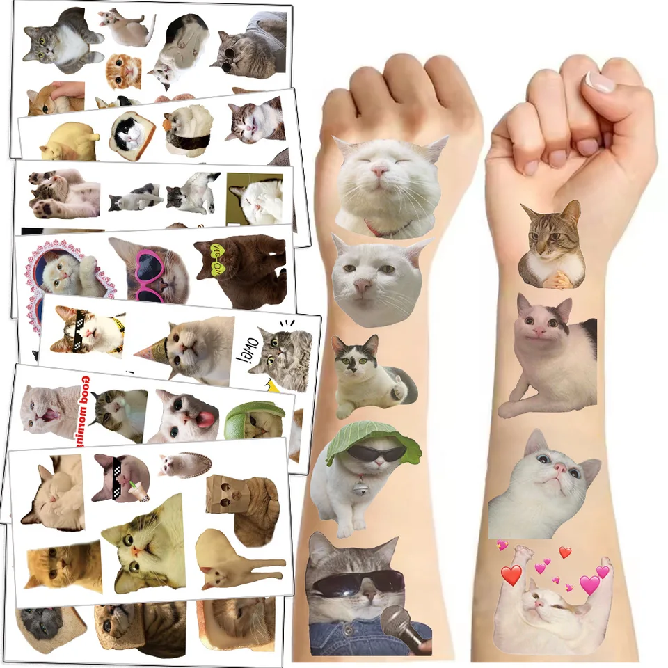 10 listov mačiek Meme Tattoo Sticker Dočasné falošné tetovanie ruky Ruky tela Waterdichte Tatouages ​​naliať darčekové detské hračky