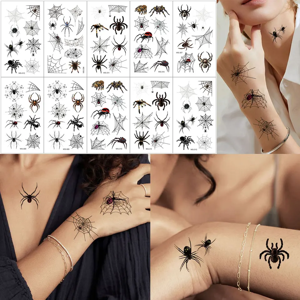 10 listov Spider Tattoo pre ženy Men Men Realistické Halloween Dočasné tetovanie pre ručné dekorácie