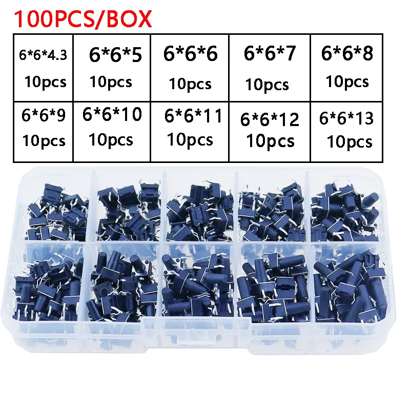 10 modelov 6*6 TACT SWINT TATILNÉHO PLAČKY SPÍNAJÚCE TLAČIDLO Výška: 4,3 5 ~ 13 mm Dip 4p Micro Switch 6x6 Key Switch for Arduino