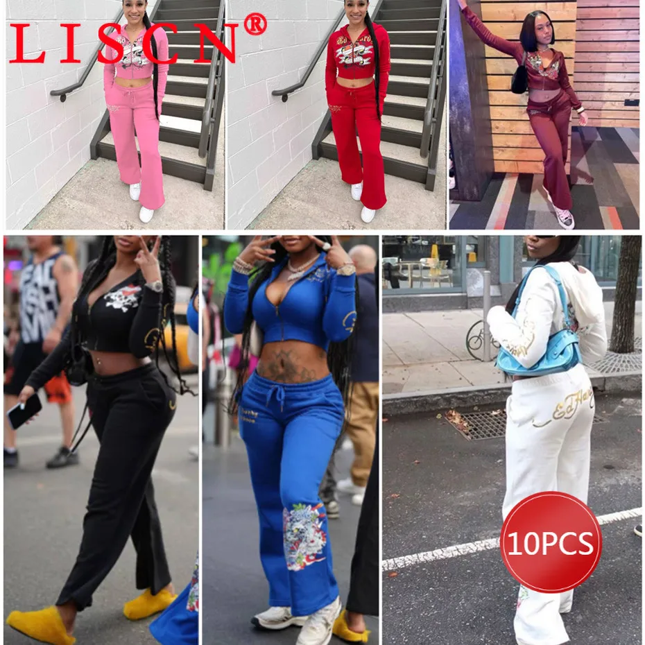 10 objemových položiek Veľkoobchod Lots Tracksuits 2024 Tlač 2 kusové súpravy Dámske oblečenie s dlhým rukávom zips s kapucňou + nohavice K12654_2