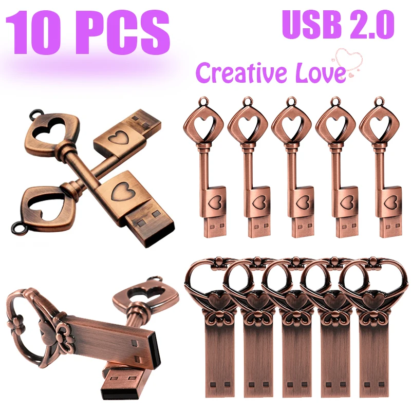 10 počítačov Lot Pen Drive 128 GB Love Shape Key Memory Memoria USB 64GB Retro Style USB Flash Drive Kreatívny darček 32 GB Mini Memory Stick 16 GB