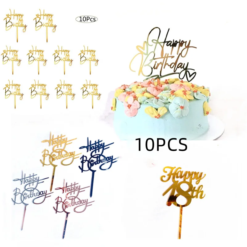10 počítačov Šťastné narodeniny tortu Topper Dekorácie Červené zlato akrylové dieťa narodeniny torty Toppers for Bay Shower Party Supplies