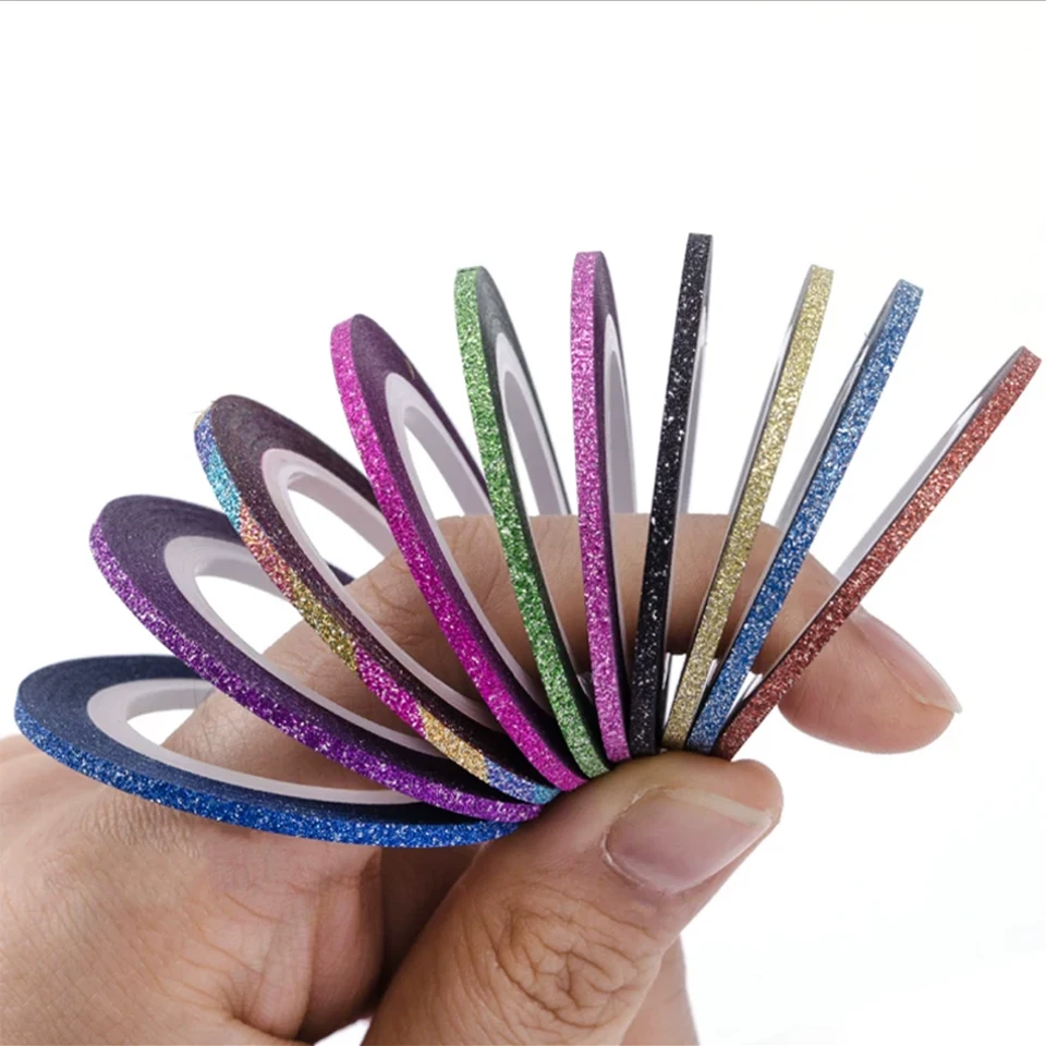 10 roliek Glitter Art Art Striping 1 mm-3 mm samohodné holografické posúvacie posúvacie šmykľavky Striebro Tipy slepky na striedanie