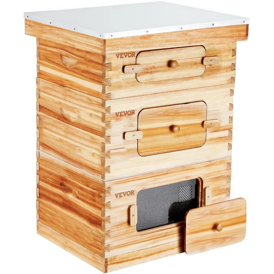 10 rámcových hivingových súpravy Štartovacia súprava, Fir Wood potiahnuté včelám, 2 hlboké + 1 stredné včelové škatule Langstroth Elehive Kit, priehľadný akryl