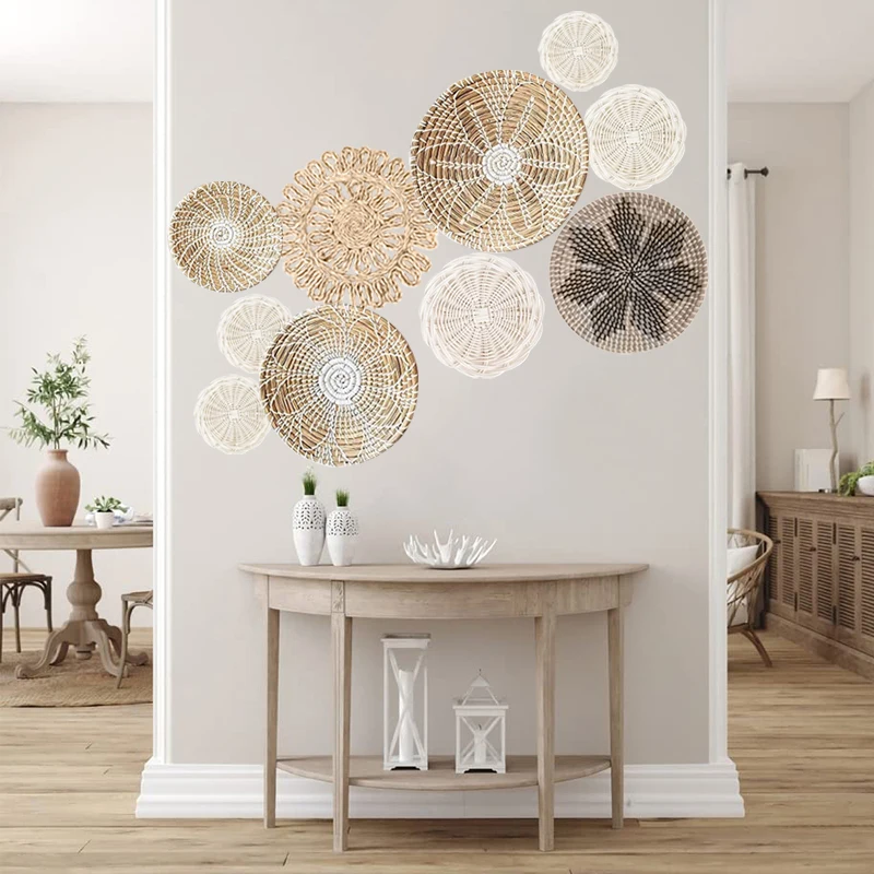 10 Set boho domáca dekorácia slama ratan dekorácia luxusť česká stena dekorácia závesný múrový košík Rustikálny statok