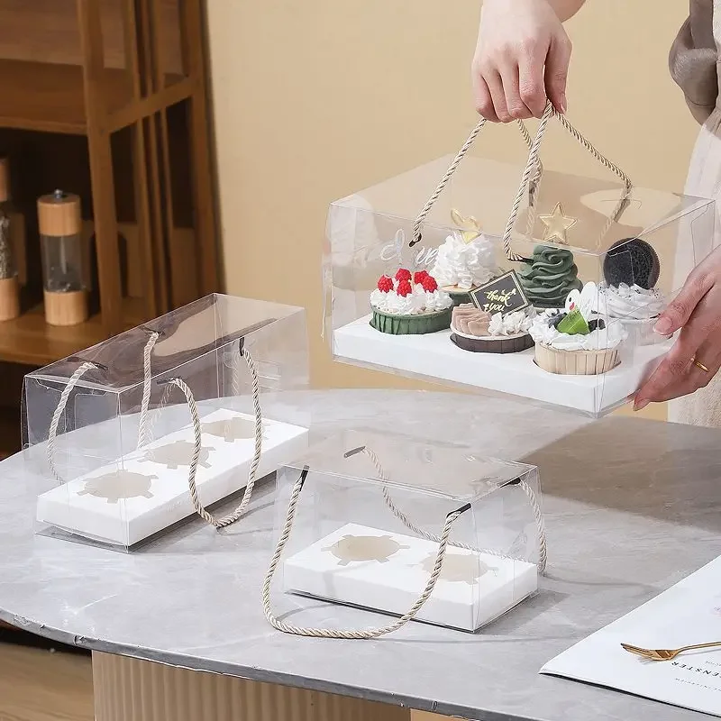 10 sád po 2/4/6 s koláčovými krabičkami s jedlom s červenou hnedou rukoväťou priehľadná dezertná škatuľka dezert papierový papier Cupcakes Balenie