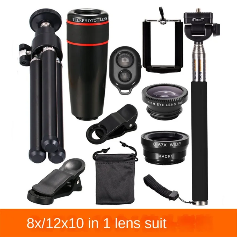 10 v 1 12x/8x teleobjektívu Tri v jednom šošovke so širokouhlým uhlom makro mobilného telefónu pre mobilný telefón pre iPhone selfie tyčinku
