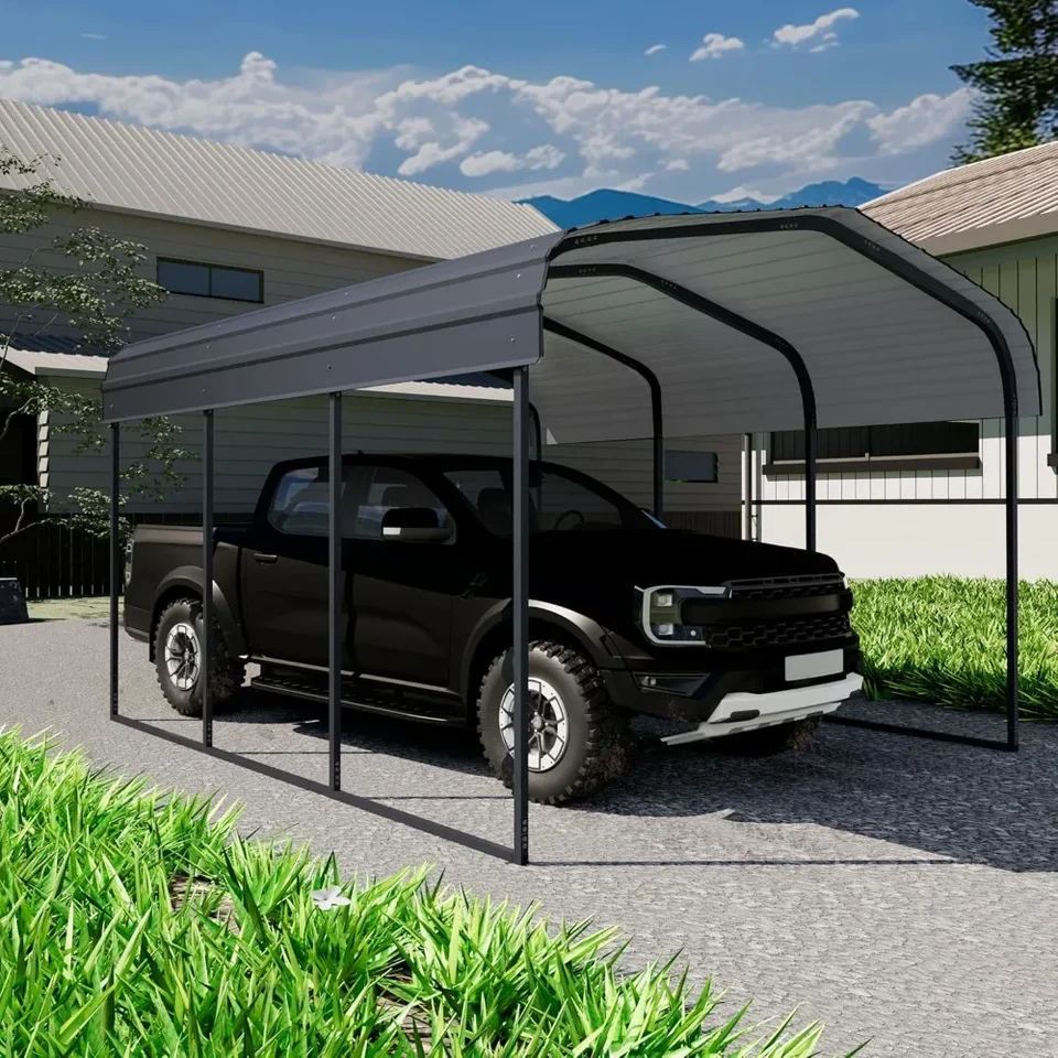 10 × 15 stôp s vysokou doskou Carport Kit, Strecha s kovovou garážou s pozinkovanou oceľovou strechou a rámom, uhlie čiernej farby