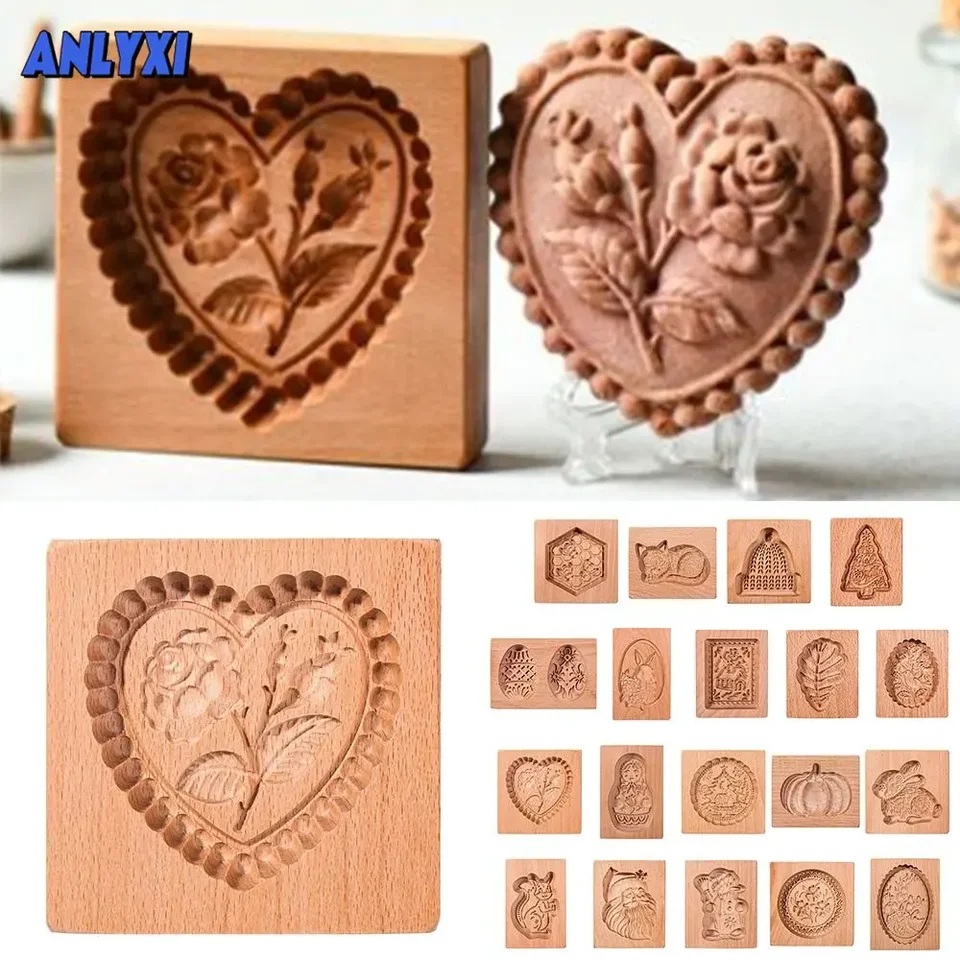 10 štýlov Drevená pleseň Cookie Drevené perníkové plesky Cookie Press 3D koláč Razenie na pečenie Folma ružová kvetina Cutter
