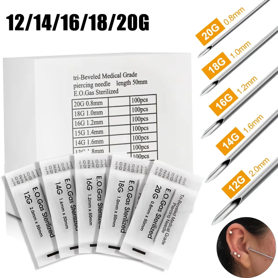 100-10ks telové prepichovacie ihly 12g 14g 16g 18g 20g na jednorazové sterilné chirurgické chirurgické pupky Piercing Piercing ihly