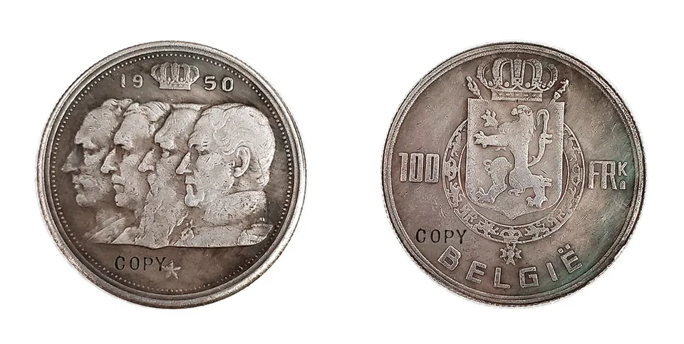 100,20 frankov Belgicko 1950.1955 Kopírovanie mincí