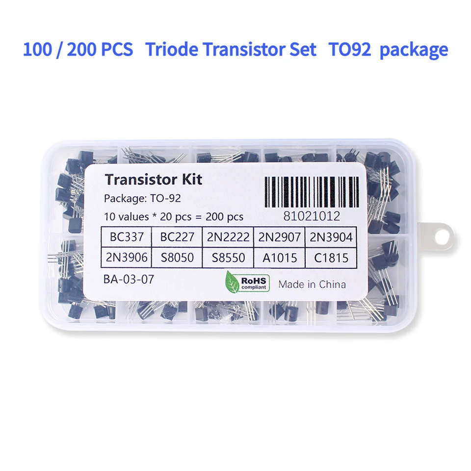 100/200ks TRISIOD TRANSISTOR Sada BC337 BC327 2N2222 2N2907 2N3904 2N3906 S8050 S8550 A1015 C1815 TO92 PNP NPN Transistors Kit