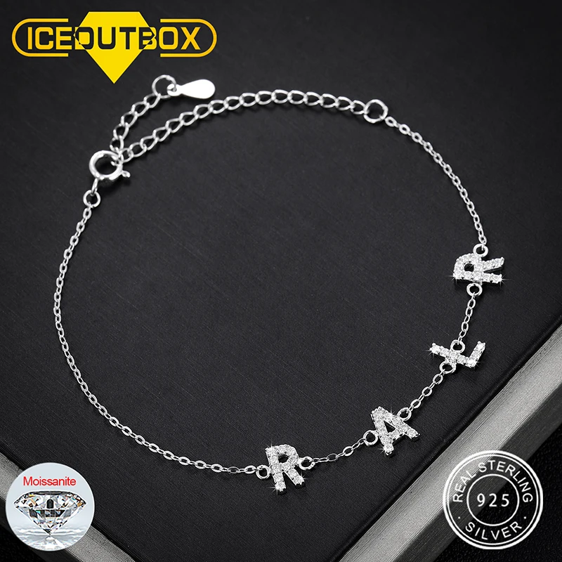 100%925 Sterling Silver Custom názov Moissanite Drobné písmená Náramok Počiatočné kúzla abecedy Náramky pre ženy Darčeky pre šperky