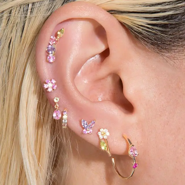 100% 925 Sterling Silver Minimálne jemné farebné CZ obruče Dláždené červené kubické zirkónia Multi piercing Zlaté šperky