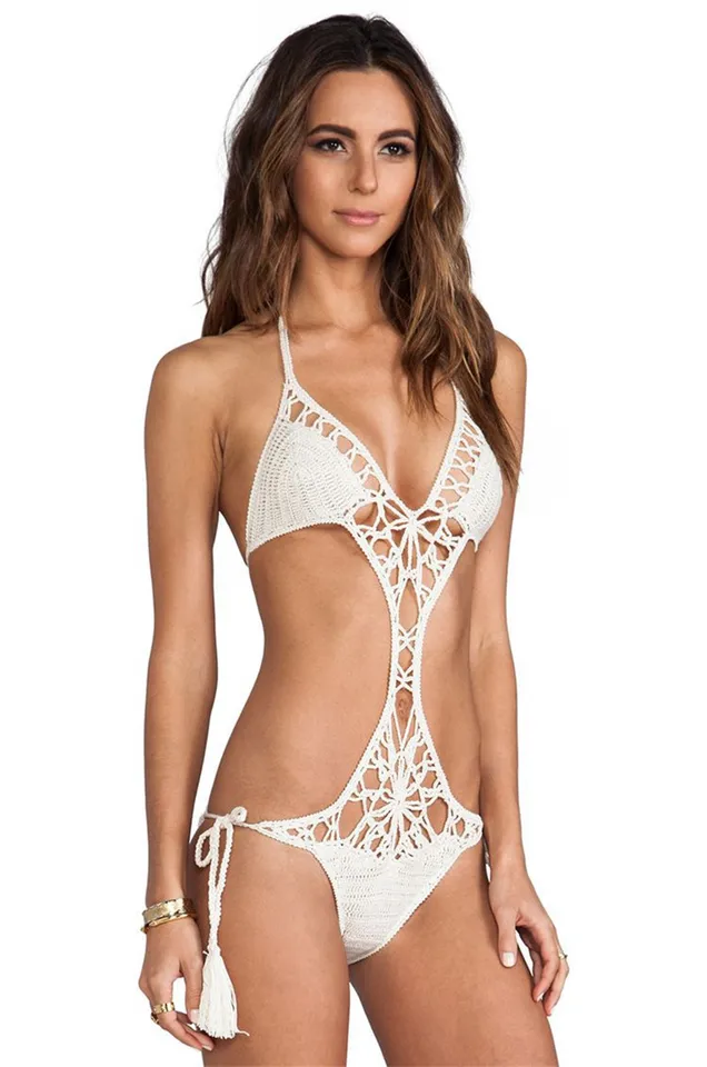 100% bavlnená háčkovanie bikín s jedným kusom plavky Sexy plavky Summer ohláňací obväz BodySuits Monokini Beach Wear plavky