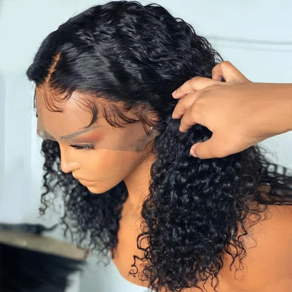 100% brazílske ľudské vlasové parochne Parochne hlboké kučeravé parochňu Bob Prírodná čierna farba hlboká vlna HD Lace Front 13x4 Transparentné čipkové parochne