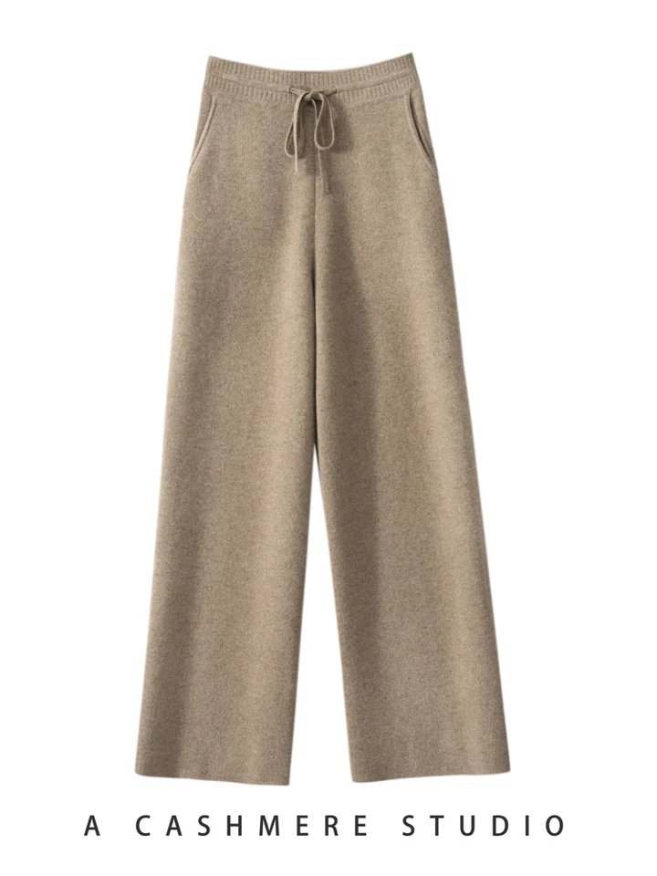 100% Cashmere s vysokým pásom širokou nohami pre ženy pre ženy zimné husté teplé pevné nohavice pásové opasky Príležitostné základné nohavice Kórejské populárne vrcholy