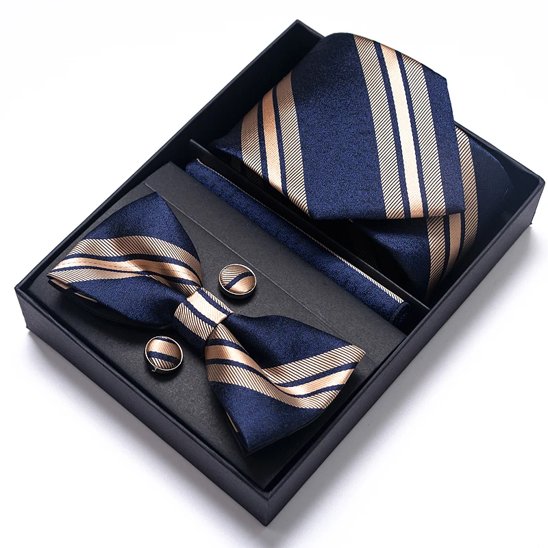 100% hodvábny luxusný darčekový box kravata vreckovky vreckovky Comfflink Set Greata Blue Golden Stripe Muž narodeniny darček