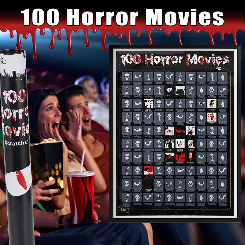 100 hororových filmov poškriabajte plagáty Top Films of All Time Bucket Zoznam Halloween Wall Decoration Najlepšie filmy pre milovníkov filmu