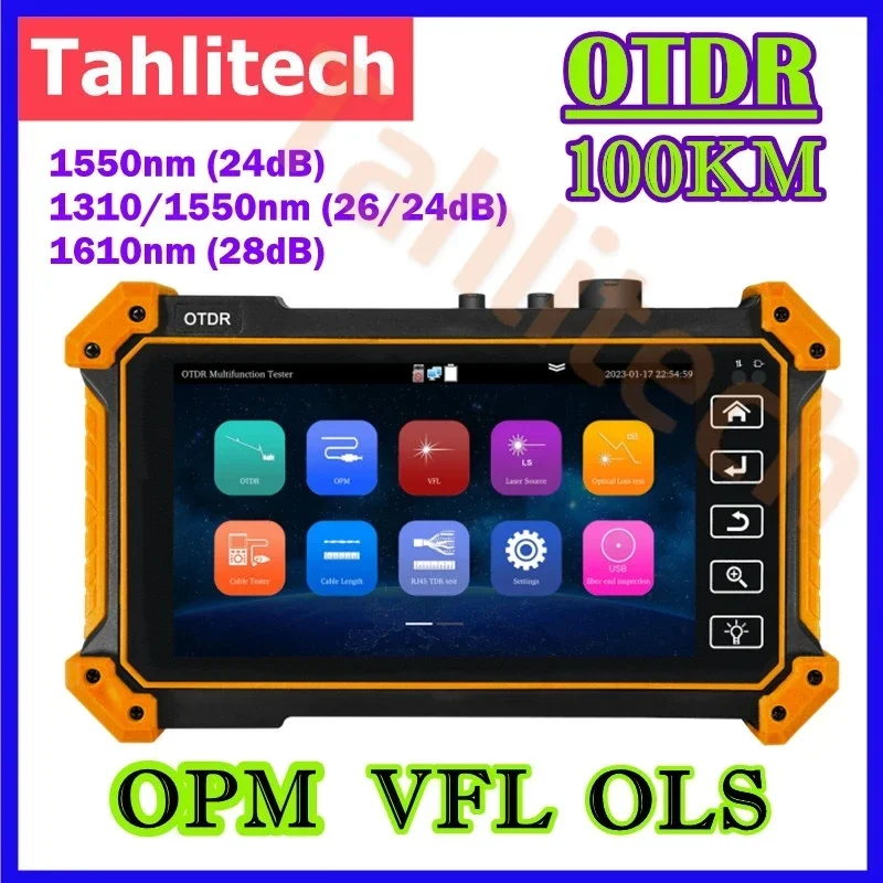 100 km OTDR aktívne vlákno Live Test 1550nm 1610nm 24/26/28db Optický reflektometer dotyk Opm OLS VFL Tester SC Connect