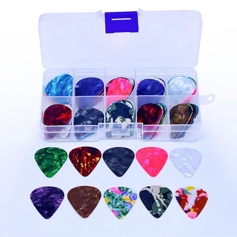 100 ks akustickým elektrickým gitarovým tipom Plectrum Celluloid Guitar Picks Ažcie s hrúbkou škatule 0,46/0,71/0,96 mm