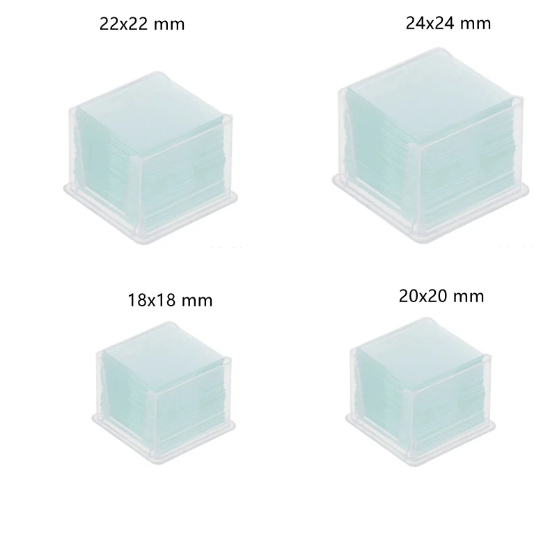100 ks Transparentné štvorcové sklenené sklíčka krycie krycie kryty pre mikroskop Optický prístroj 18x18 mm 20x20mm 22x22mm 24x24mm