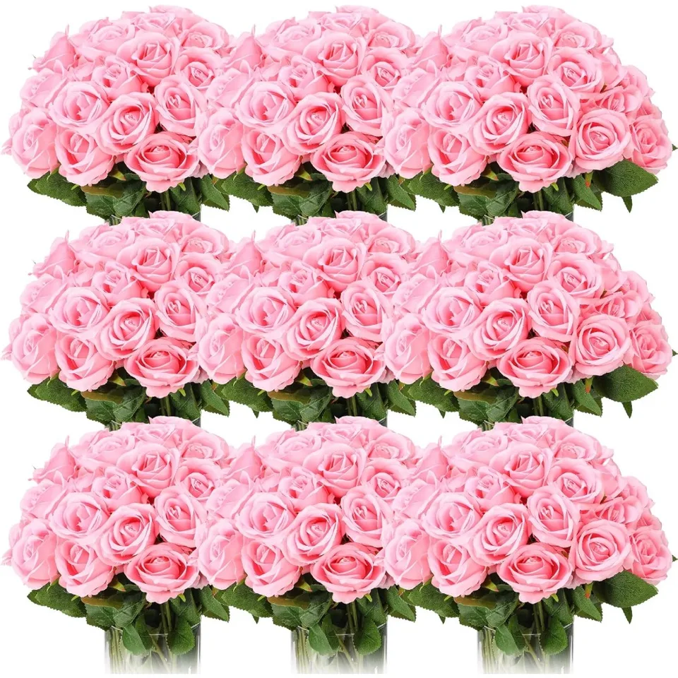 100 kusov umelých ružových okvetných lístkov vo veľkom, záchranných hodvábnych ružových kytici s dlhými stonkami, falošná kvetinová svadobná dekorácia