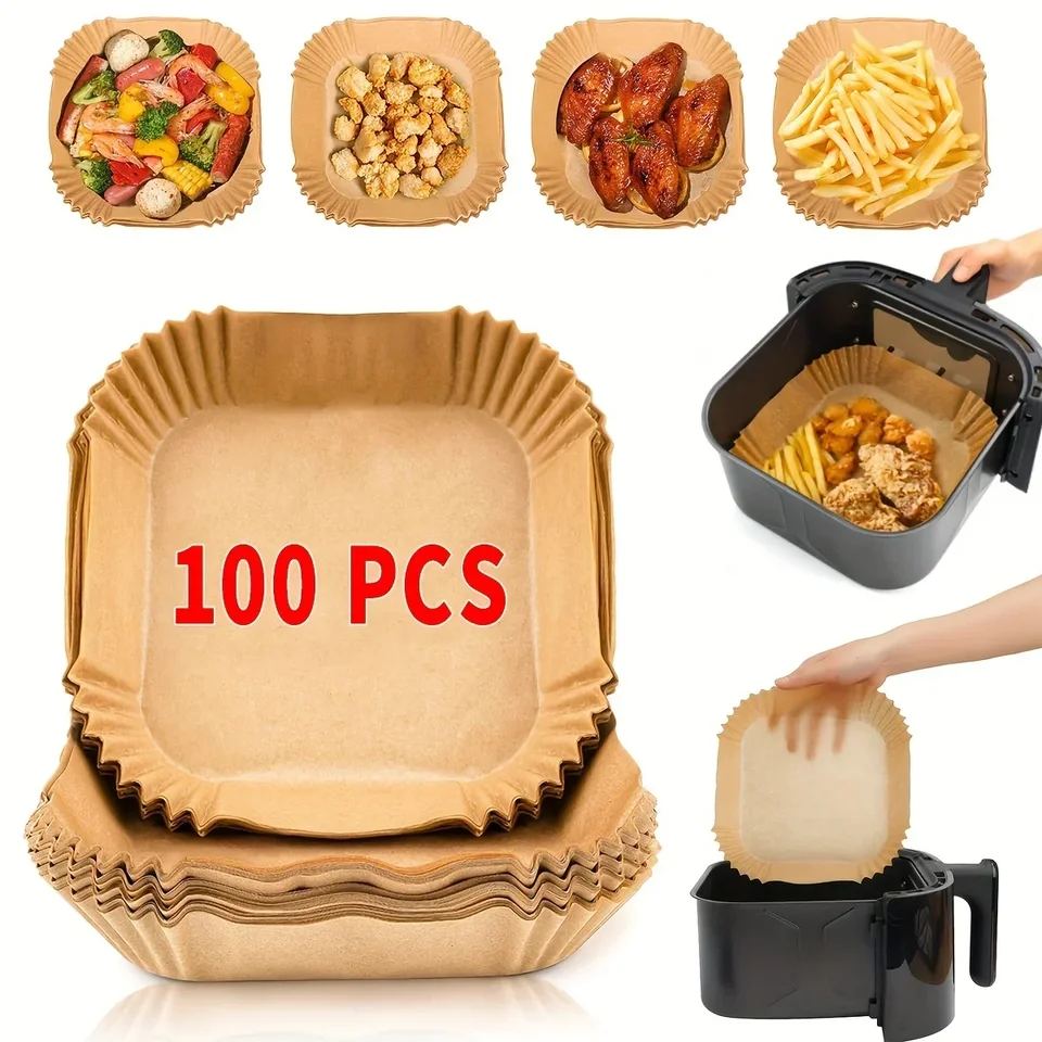 100 kusov-vzduchové fritéza na jedno použitie papiera, podšívky štvorcových vzduchových friténov (pre 2-8 kvartov), ​​nepodstatný papier na pečenie na vyprážanie