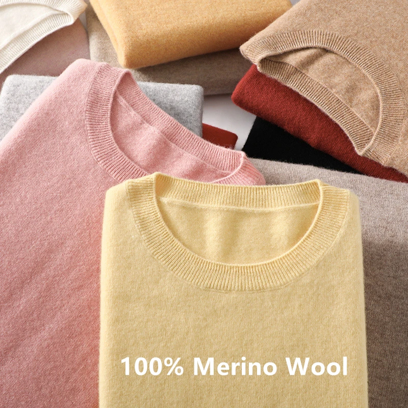 100% Merino Wool Classic O-Neck Pleted Sweater Women Women Pullovs 2023 Jeseň Zimné svetlo Teplé elegantné elegantné módne cukrovinky Color Squancy