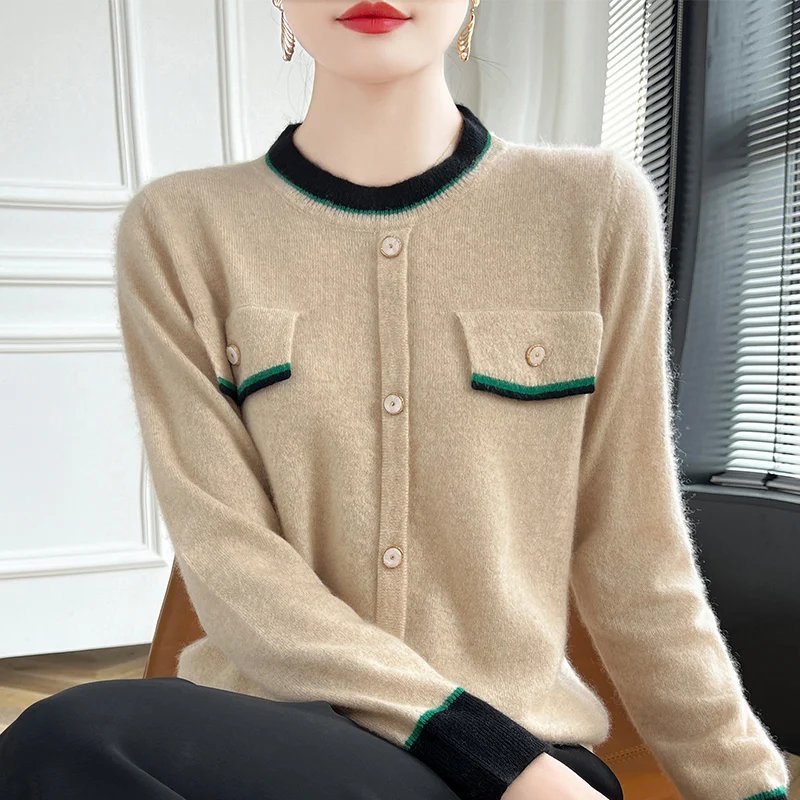 100% Merino Wool Dámska posádka Krk Jumper Fall/Winter Fashion Patchwork s dlhým rukávom sveter s gombíkom zdobené pletené topenie