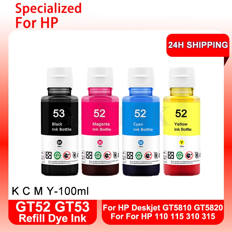 100 ml*4 GT52 GT53 DYE Atrament pre HP GT 52 53 Deskjet GT5810 GT5820 5810 5820 pre HP 110 115 310 315 Atramentová tlačiareň