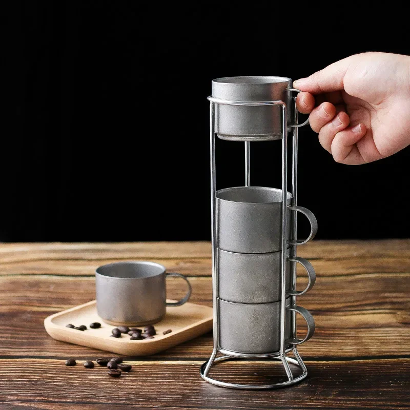 100 ml espresso šálka sada dvojitá stena Anti-Scald 304 z nehrdzavejúcej ocele Set Retro Industrial s úložným stojanom kávové hrnčeky