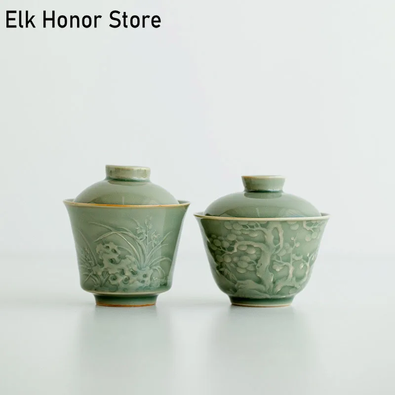 100 ml yue pec Celadon Tea Tureen Reliéf pozdrav borovicová orchideová čajová misa s vekom čaju na výrobu zariadenia Gaiwan kung fu teaset