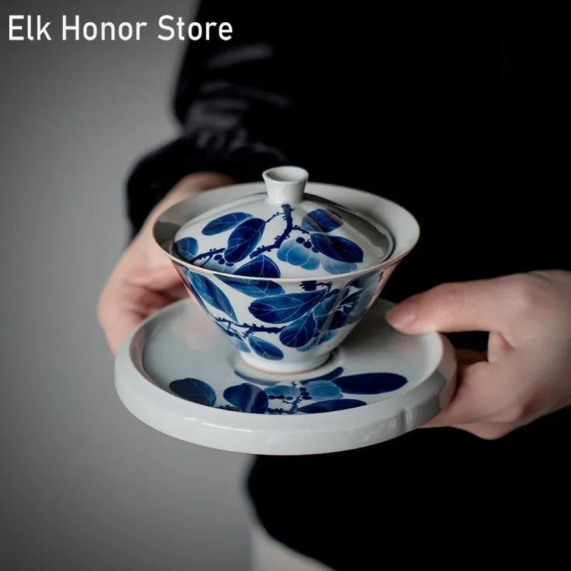 100 ml čistého ručne maľovaného persimmon keramický čaj Tureen modrá a biela pokrytá misa s obradom čajového čaju Gaiwan Kung Fu